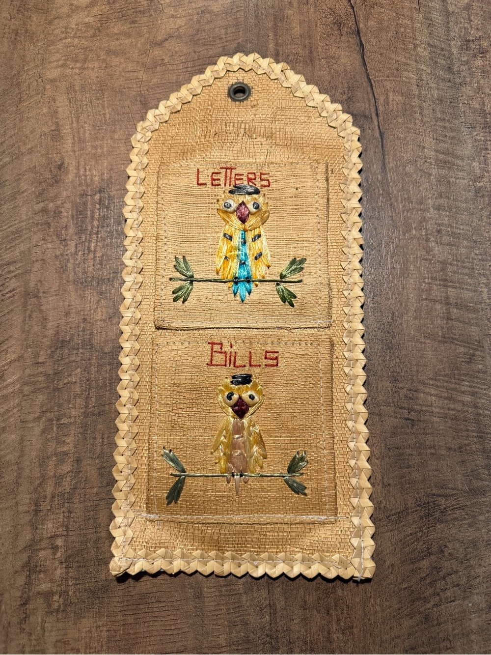 Vintage Handmade Raffia Owl Letters & Bills Wall Mail Organizer